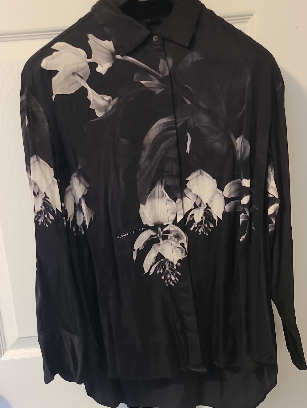 All Saints Black Button-Down Shirt with White Floral Print